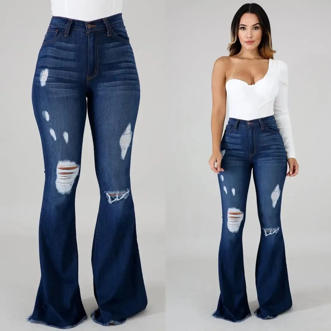 2023 Spring New High Waist Ripped Flared Jeans For Women Fashion Stretch Slim Denim Pants Casual Female Clothing S-3XL Drop Ship