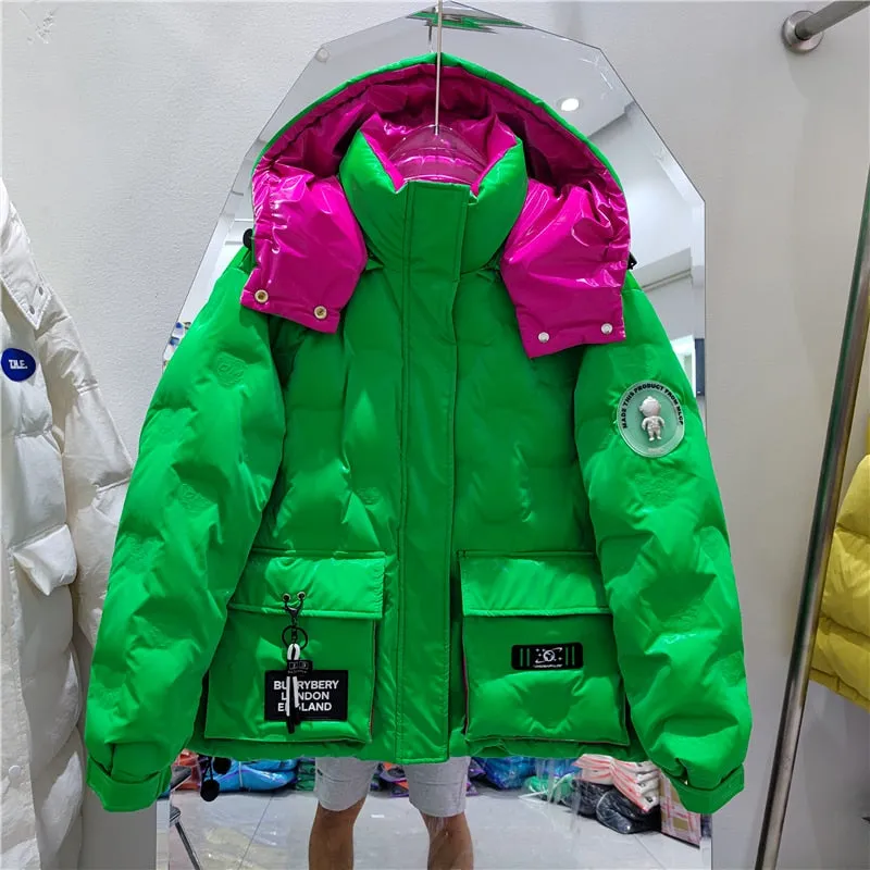 90% White Duck Down Coat Women Feather Parka Fashion Letter Warm Hooded Overcoat Street Women Puffer Jacket