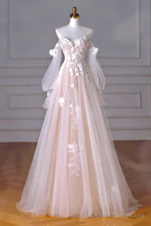 A-Line Sweetheart Neck Long Sleeve Lace Tulle Light Champagne Long Prom Dress