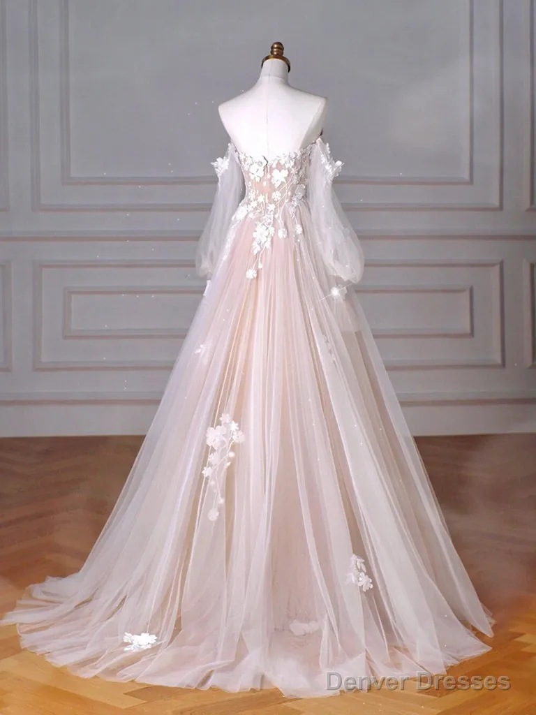 A-Line Sweetheart Neck Long Sleeve Lace Tulle Light Champagne Long Prom Dress