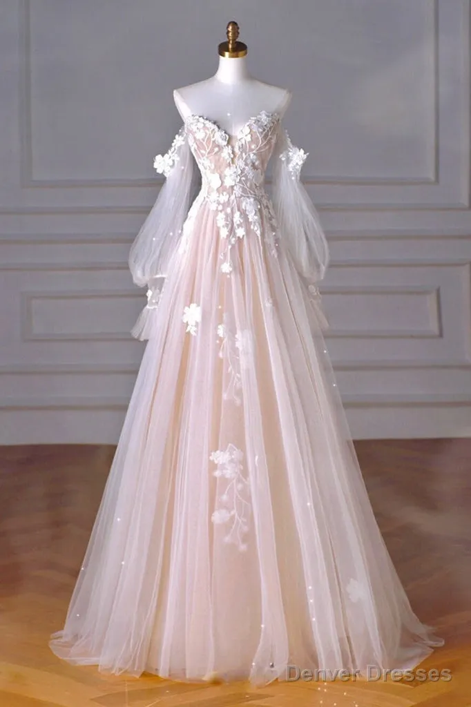 A-Line Sweetheart Neck Long Sleeve Lace Tulle Light Champagne Long Prom Dress