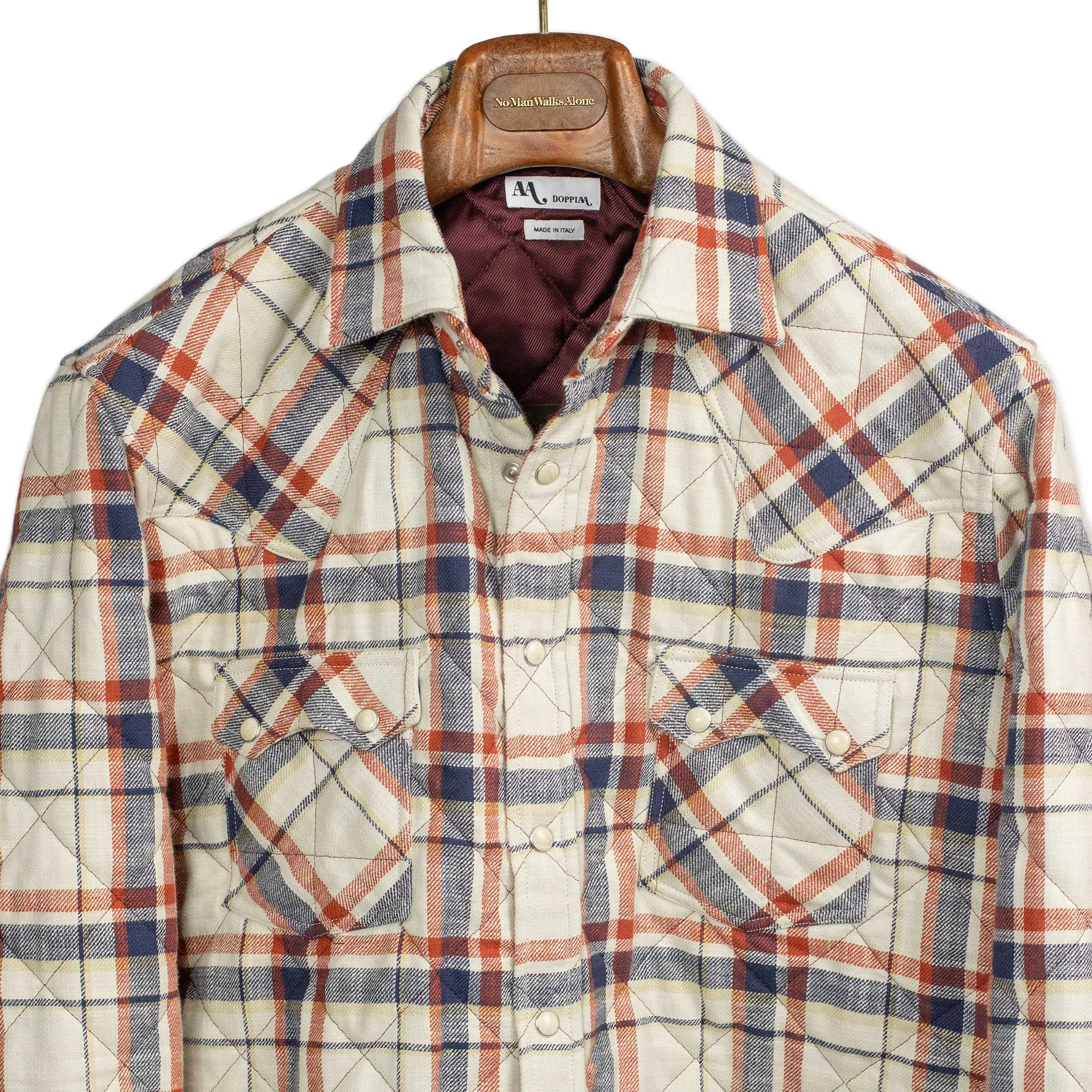 Aariosto quilted western shirt jacket in blue red and cream cotton plaid