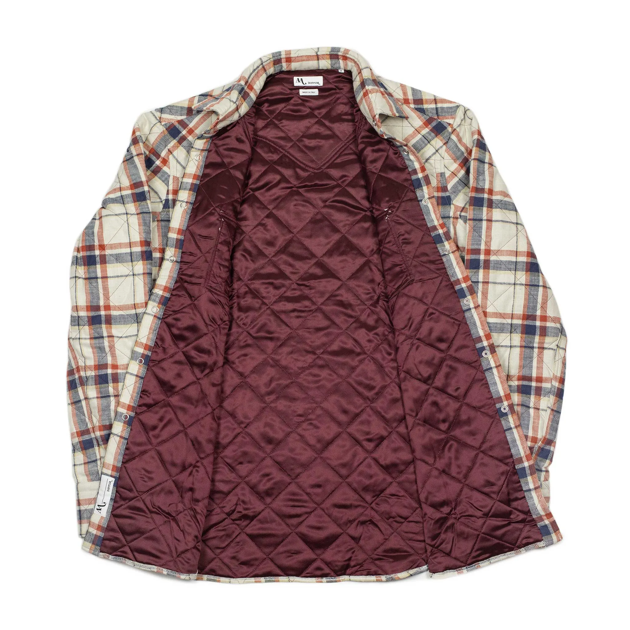Aariosto quilted western shirt jacket in blue red and cream cotton plaid
