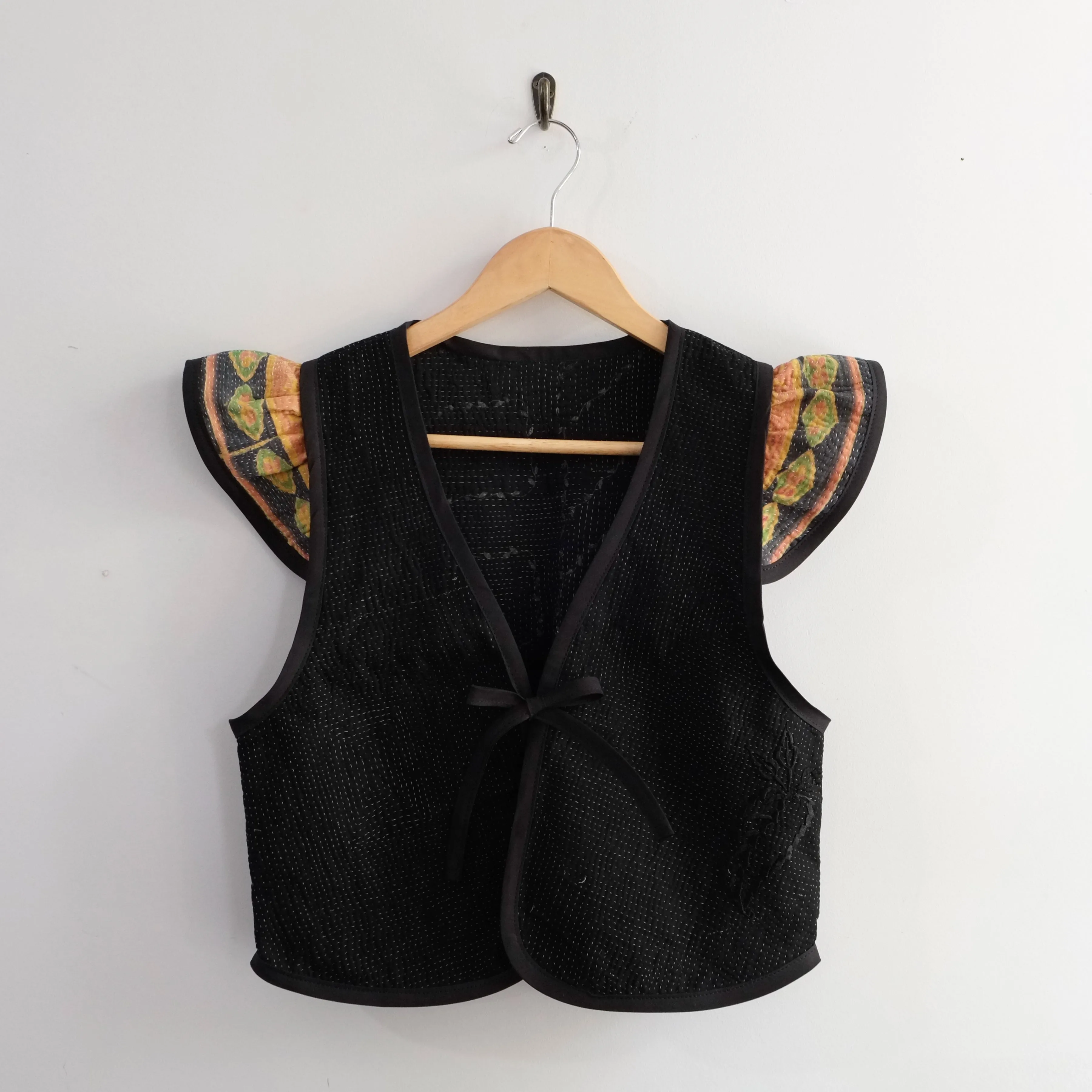 Amelia Flutter Sleeve Vest Black with Orange and Green Sleeves XS007