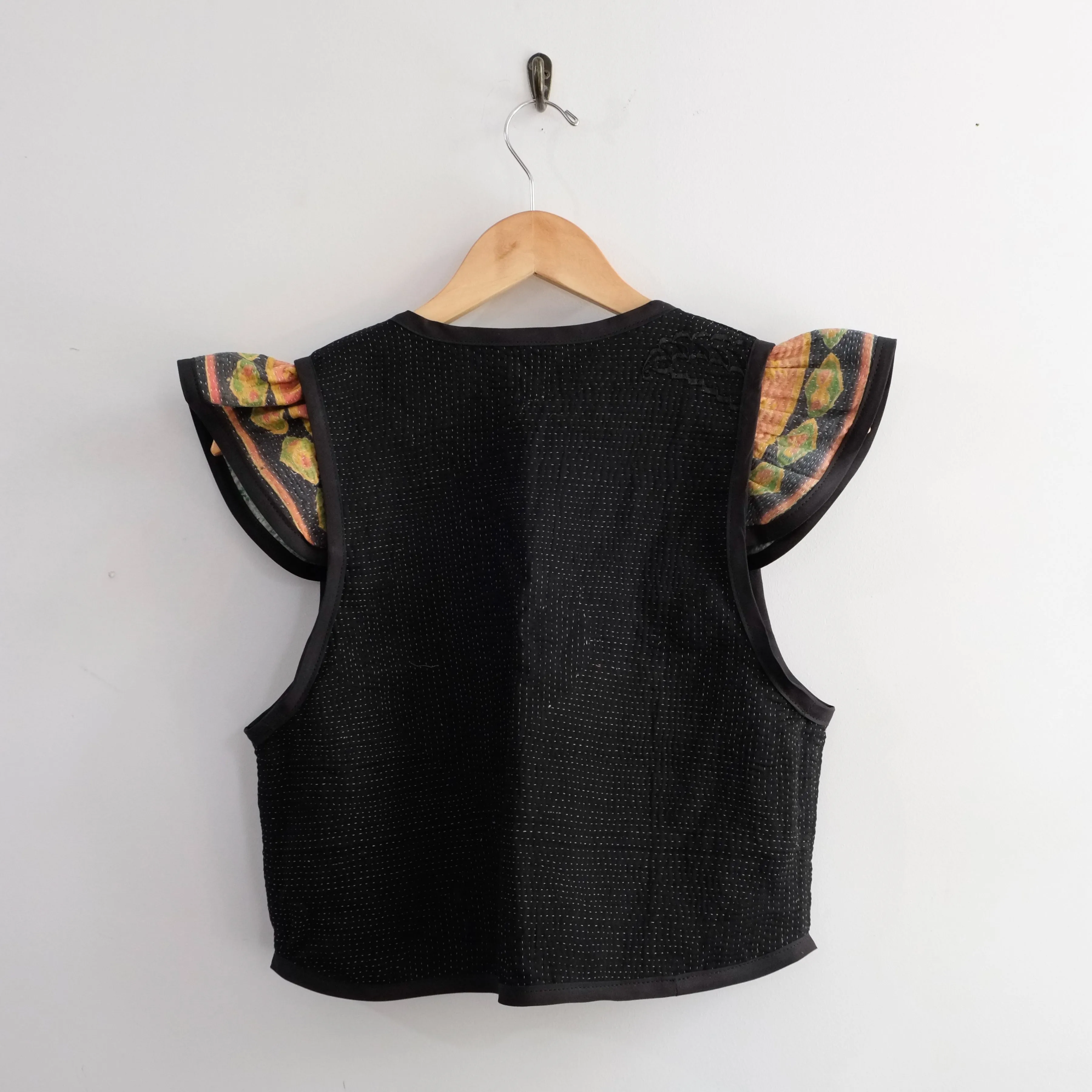 Amelia Flutter Sleeve Vest Black with Orange and Green Sleeves XS007