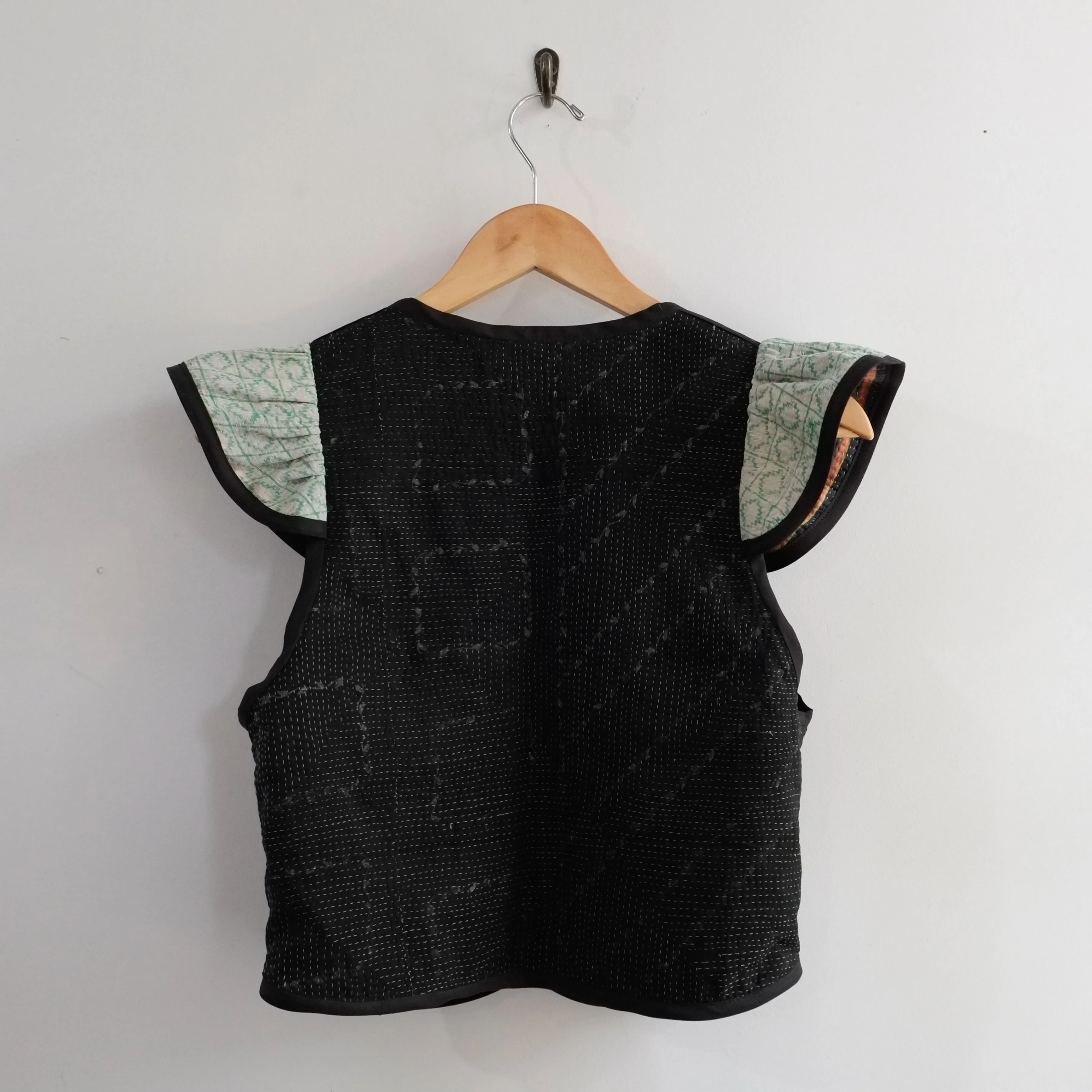 Amelia Flutter Sleeve Vest Black with Orange and Green Sleeves XS007