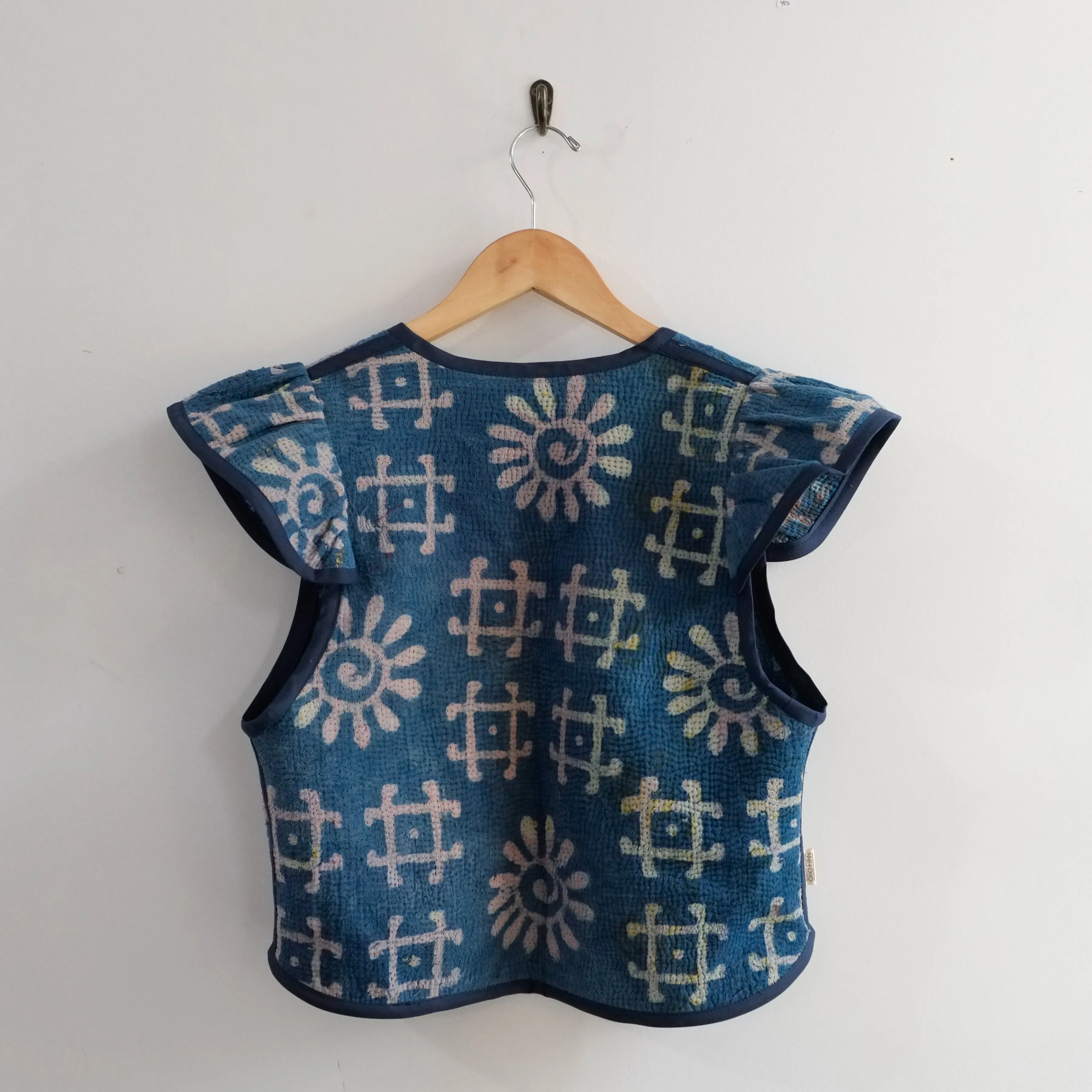 Amelia Flutter Sleeve Vest Indigo with Pound Symbol XS009