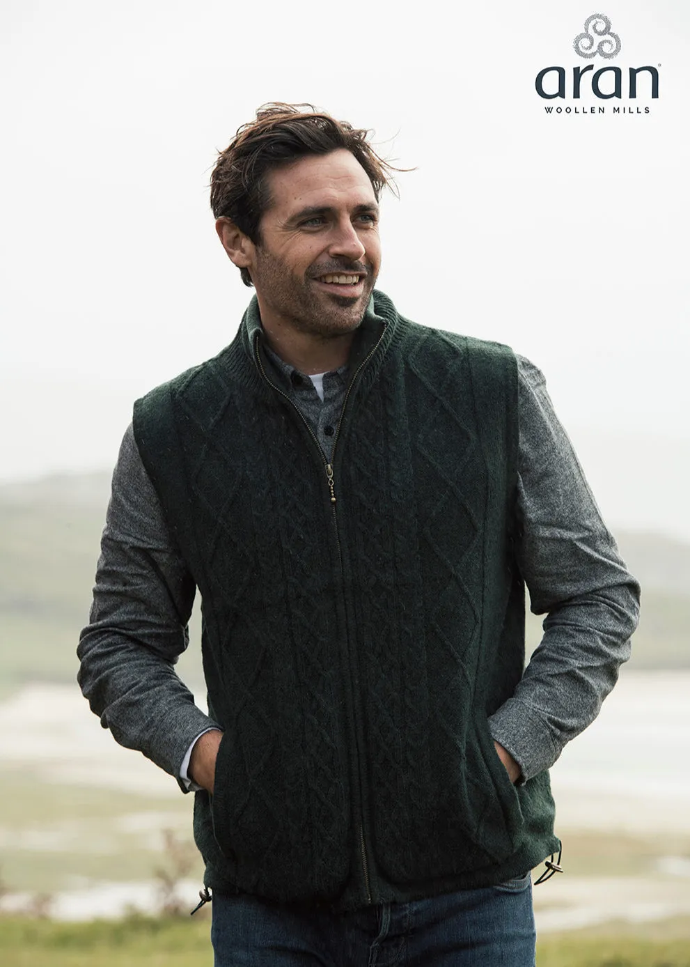Aran Full Zip Fleece Gilet | Green