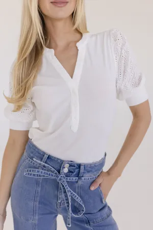 Autumn Short Sleeve Eyelet Rib Knit Top White