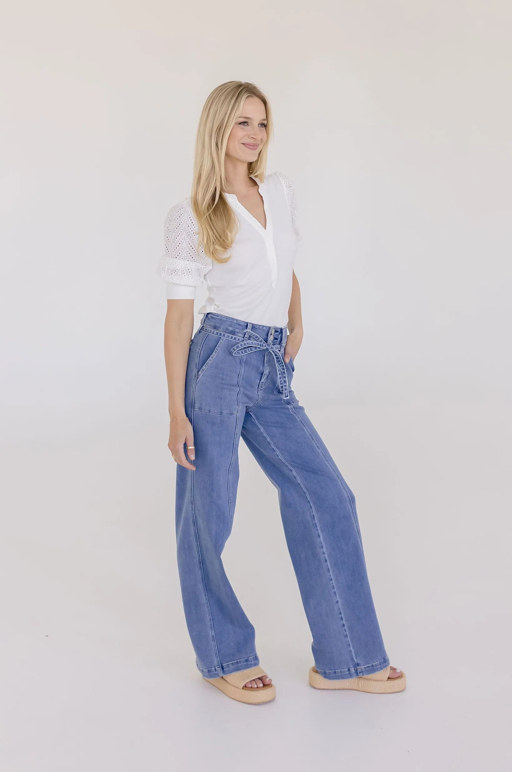 Autumn Short Sleeve Eyelet Rib Knit Top White