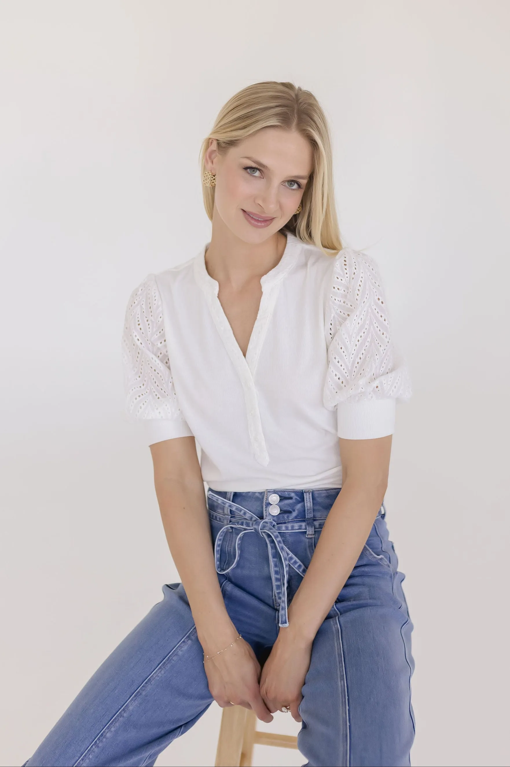 Autumn Short Sleeve Eyelet Rib Knit Top White