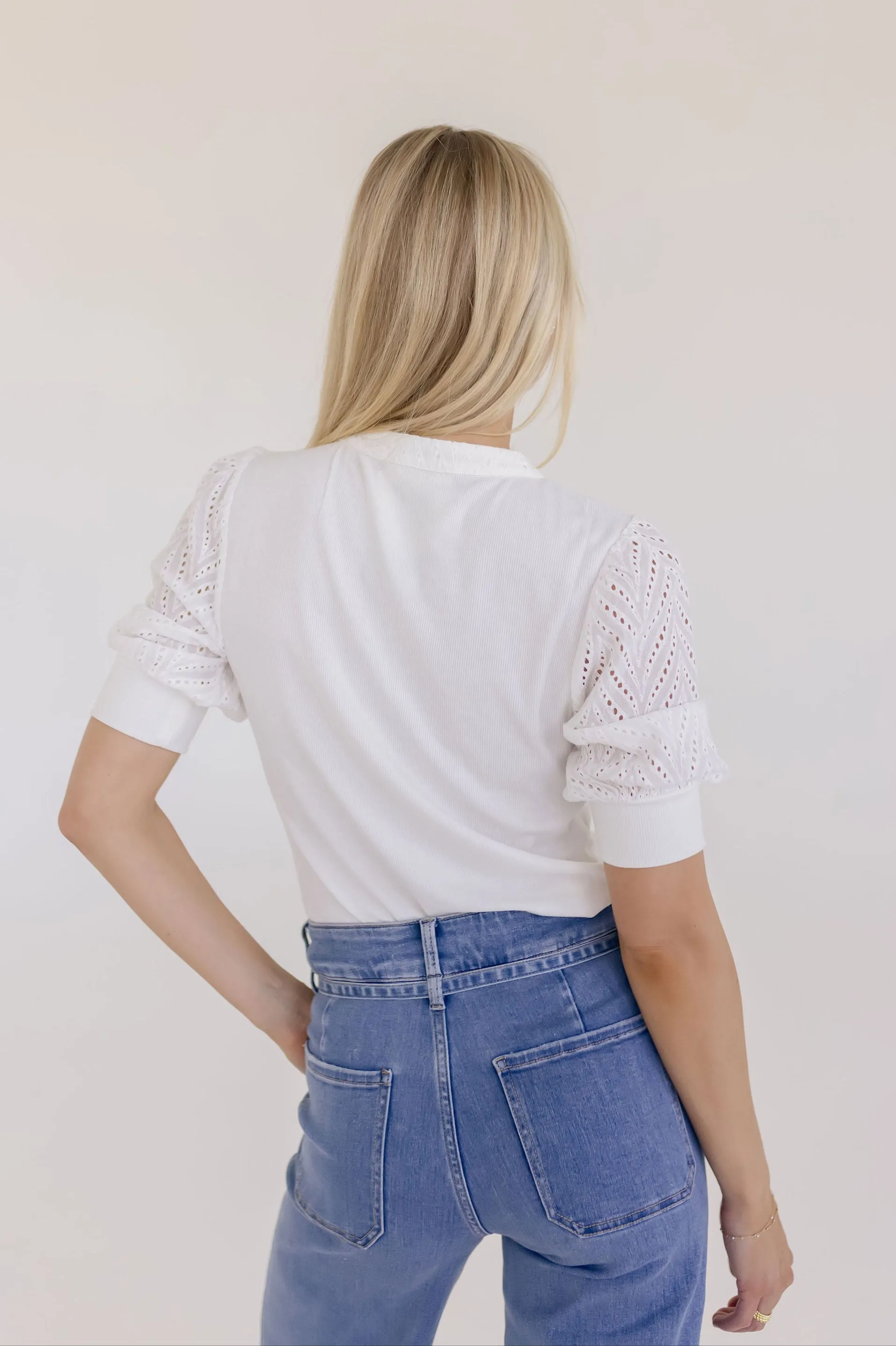 Autumn Short Sleeve Eyelet Rib Knit Top White