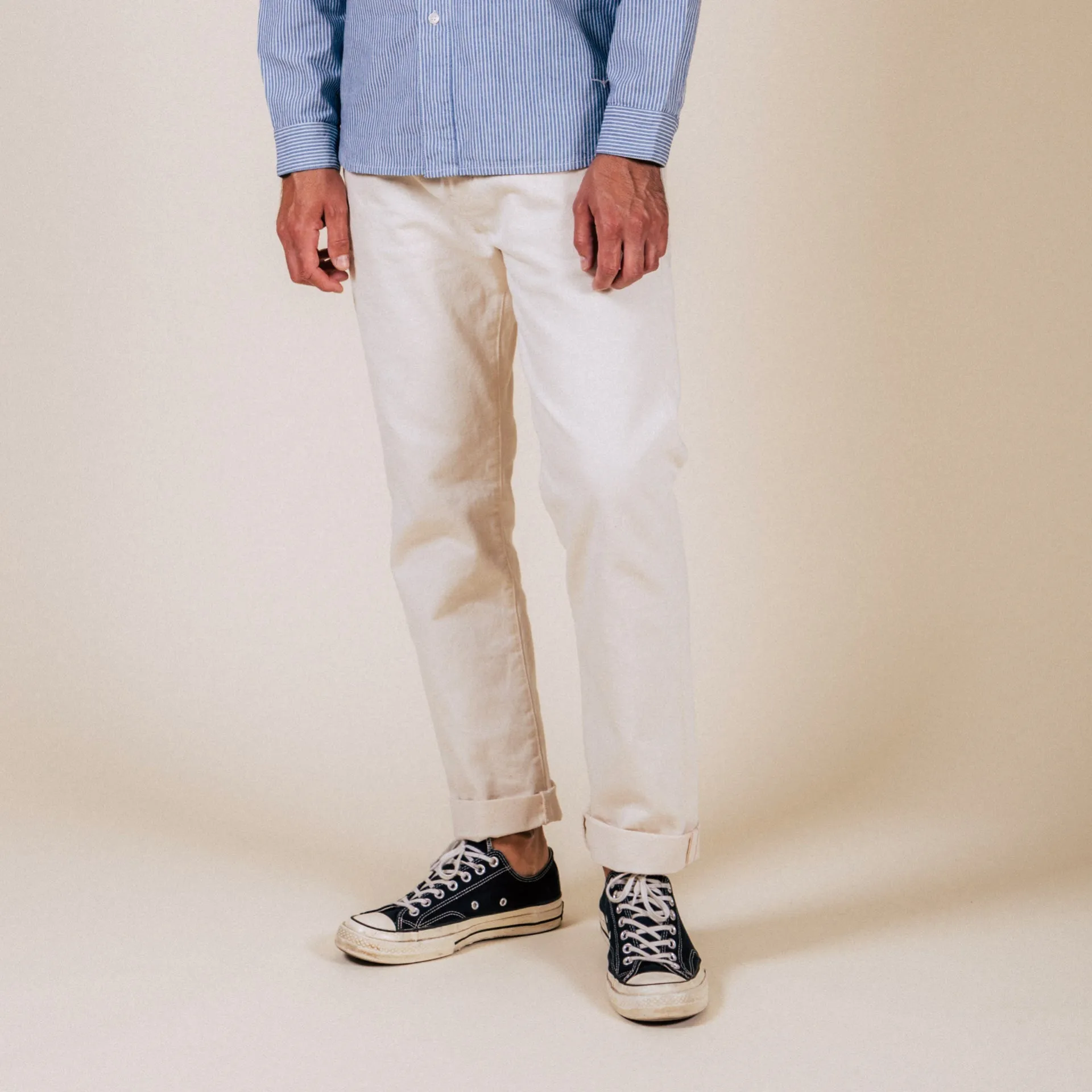 B-04 RELAXED TAPERED 14 oz. selvedge colour denim / ecru