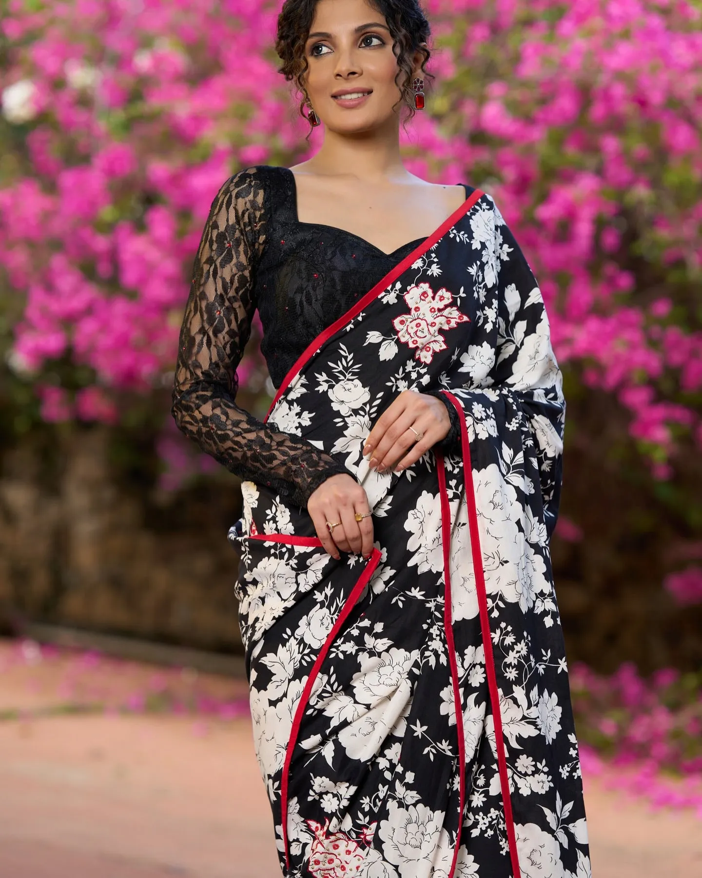 Black Floral Printed Cotton Saree