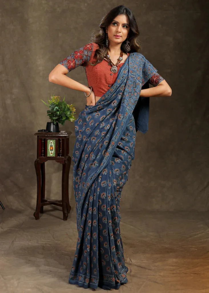 BLUE BLOCK PRINTED COTTON AJRAKH SAREE