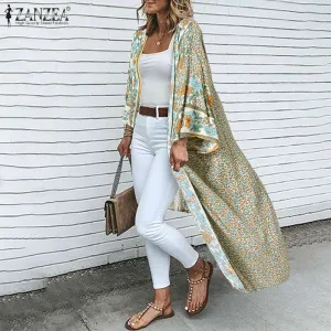 Bohemian Floral Printed  Open Front Long Sleeve Kimono Plus Size