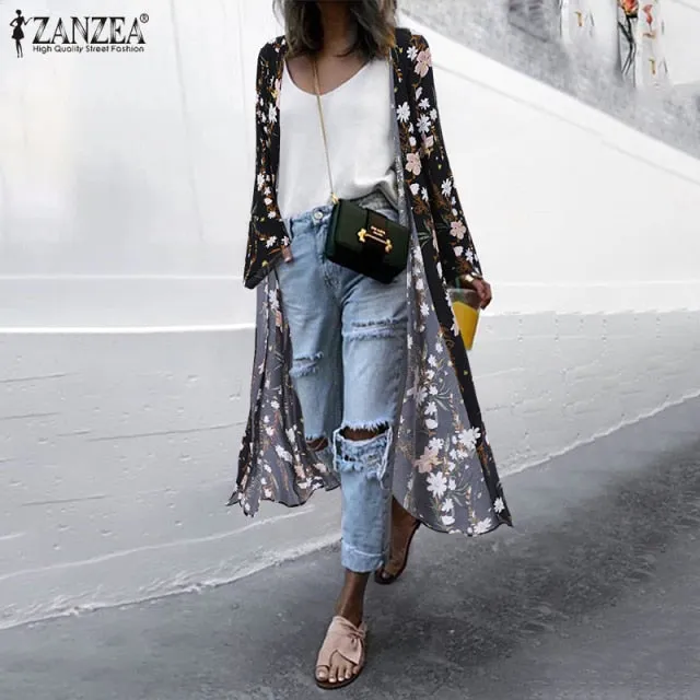 Bohemian Floral Printed  Open Front Long Sleeve Kimono Plus Size