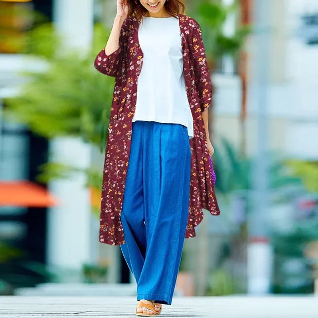 Bohemian Floral Printed  Open Front Long Sleeve Kimono Plus Size