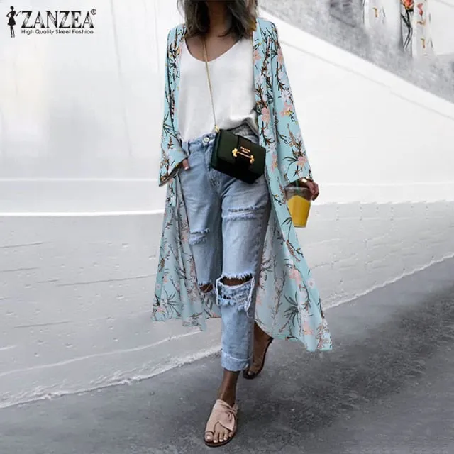Bohemian Floral Printed  Open Front Long Sleeve Kimono Plus Size