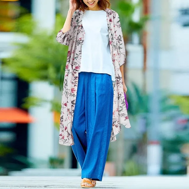 Bohemian Floral Printed  Open Front Long Sleeve Kimono Plus Size