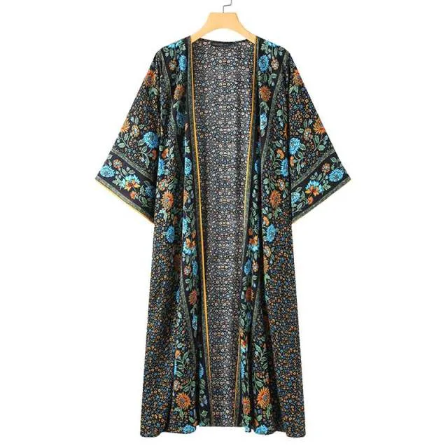 Bohemian Floral Printed  Open Front Long Sleeve Kimono Plus Size