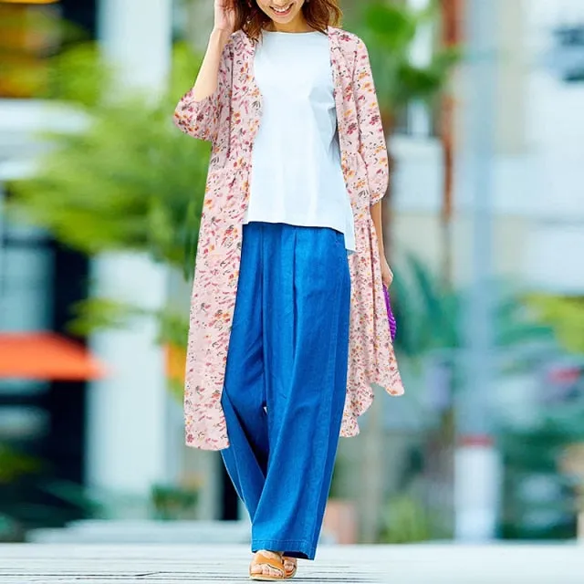 Bohemian Floral Printed  Open Front Long Sleeve Kimono Plus Size