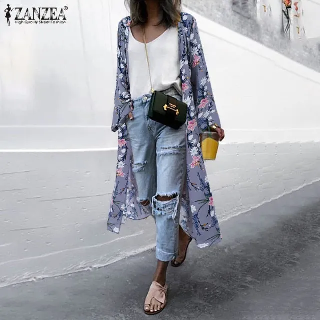 Bohemian Floral Printed  Open Front Long Sleeve Kimono Plus Size