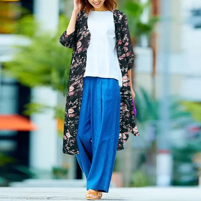 Bohemian Floral Printed  Open Front Long Sleeve Kimono Plus Size