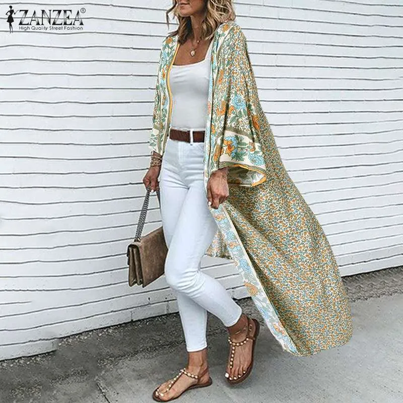 Bohemian Floral Printed  Open Front Long Sleeve Kimono Plus Size