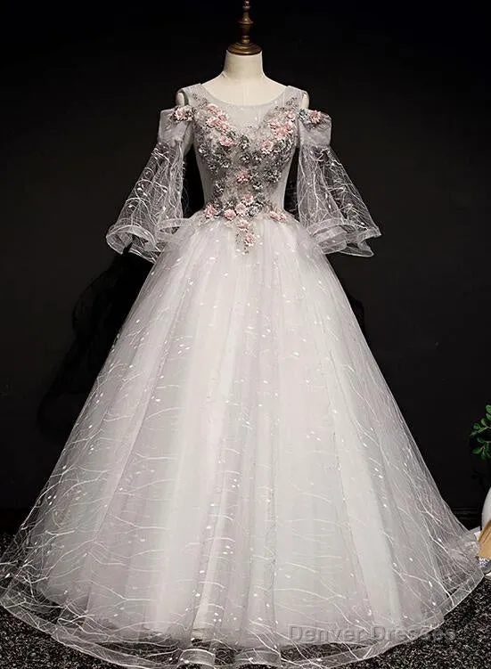 Charming Floral And Lace Ball Gown Sweet 16 Dress, Light Grey Party Dress