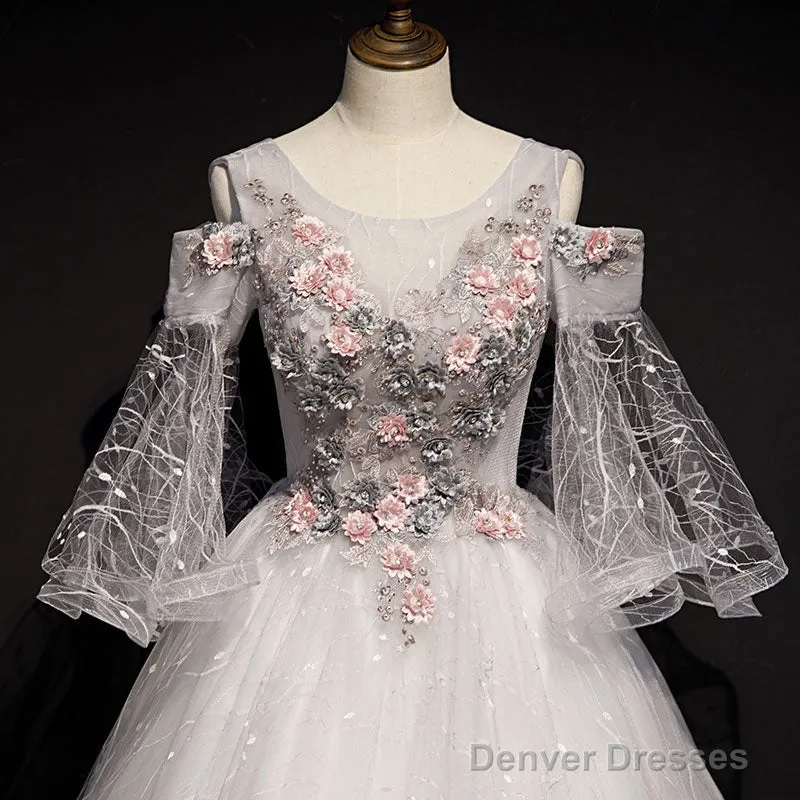 Charming Floral And Lace Ball Gown Sweet 16 Dress, Light Grey Party Dress