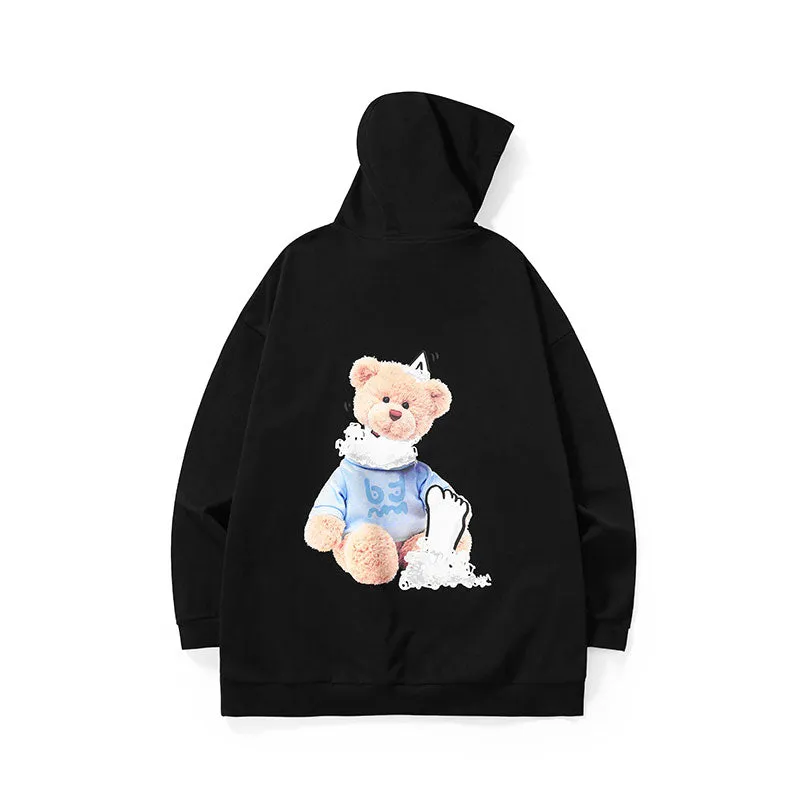 Cotton bear print hoodie with rotator cuff and kangaroo hood
