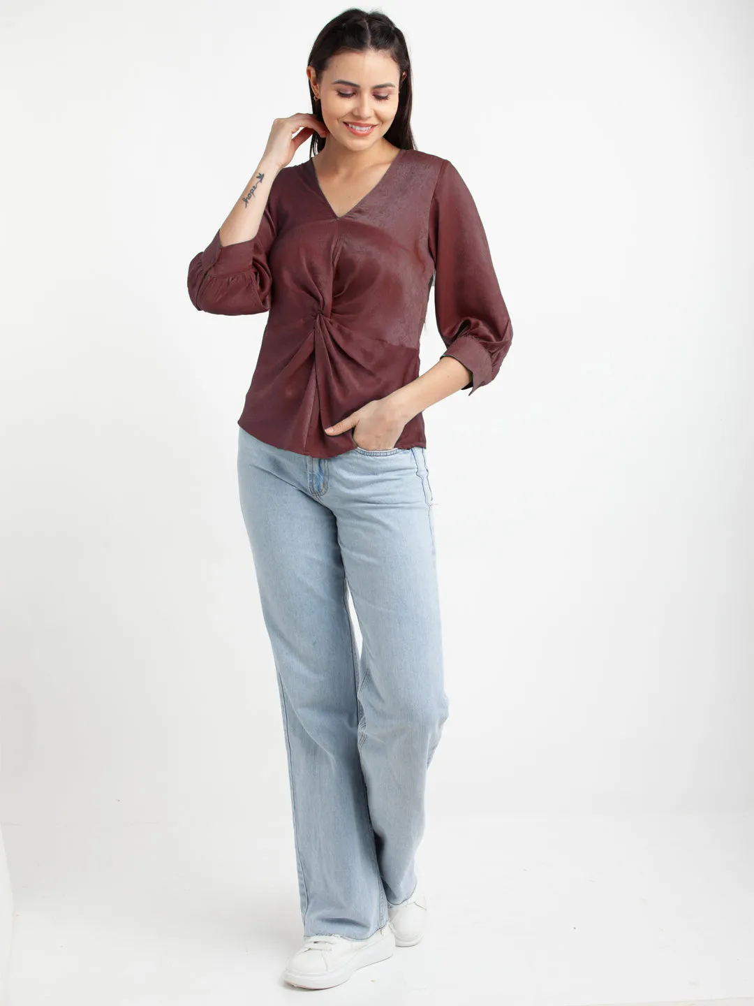 CranBerry Colored Colored Solid V-Neck Top