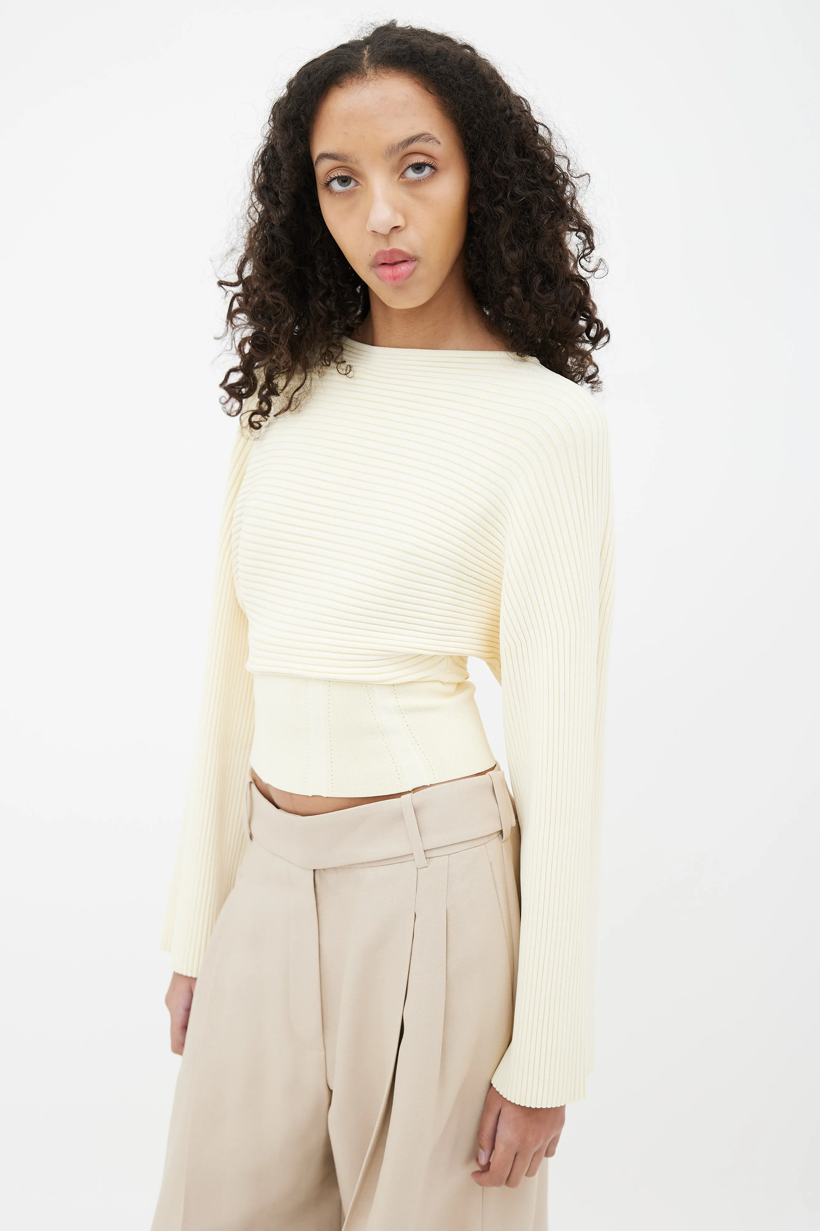 Cream Ribbed Corset Sweater