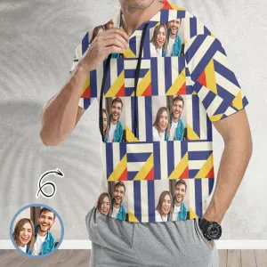 Custom Face Geometric Stitching Short Sleeve Hoodie Men's Custom Face Loose Hoodie Personalized Hooded Pullover