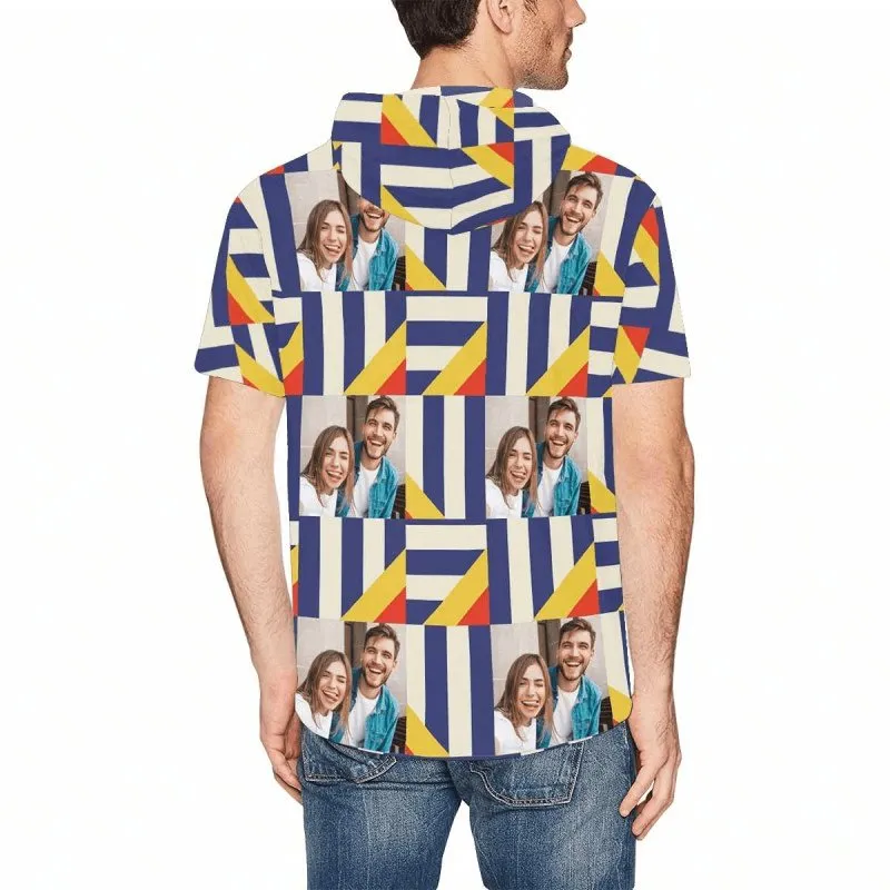 Custom Face Geometric Stitching Short Sleeve Hoodie Men's Custom Face Loose Hoodie Personalized Hooded Pullover