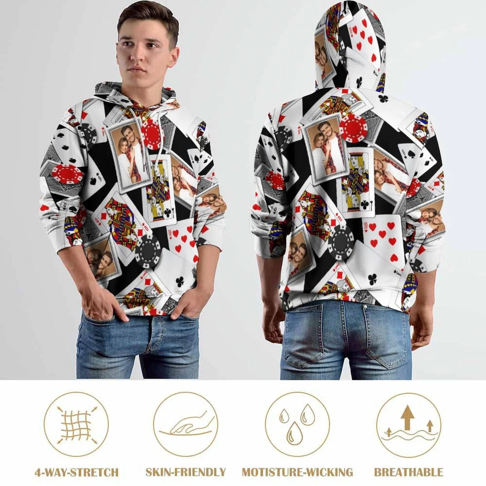 Custom Photo Hoodie Playing Cards Unisex Large Size Design Your Own Hoodie Personalized Loose Hoodie Top Outfits