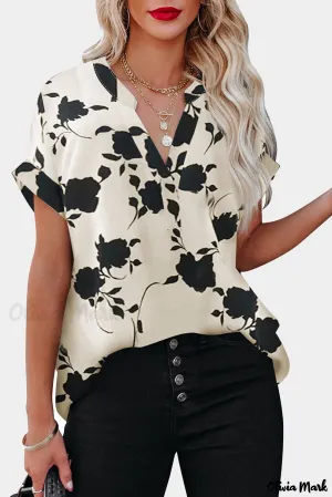 Deanwangkt - Apricot Floral Print Short Sleeve Blouse