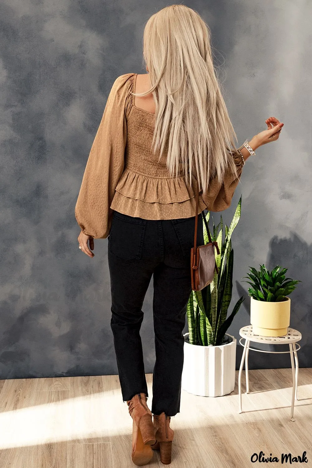Deanwangkt - Brown Floral Ruched Ruffle Square Neck Blouse