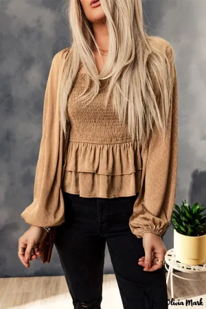 Deanwangkt - Brown Floral Ruched Ruffle Square Neck Blouse