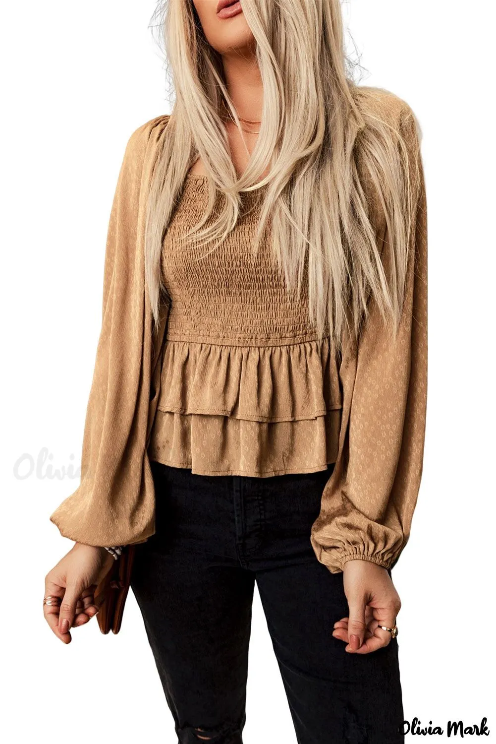 Deanwangkt - Brown Floral Ruched Ruffle Square Neck Blouse