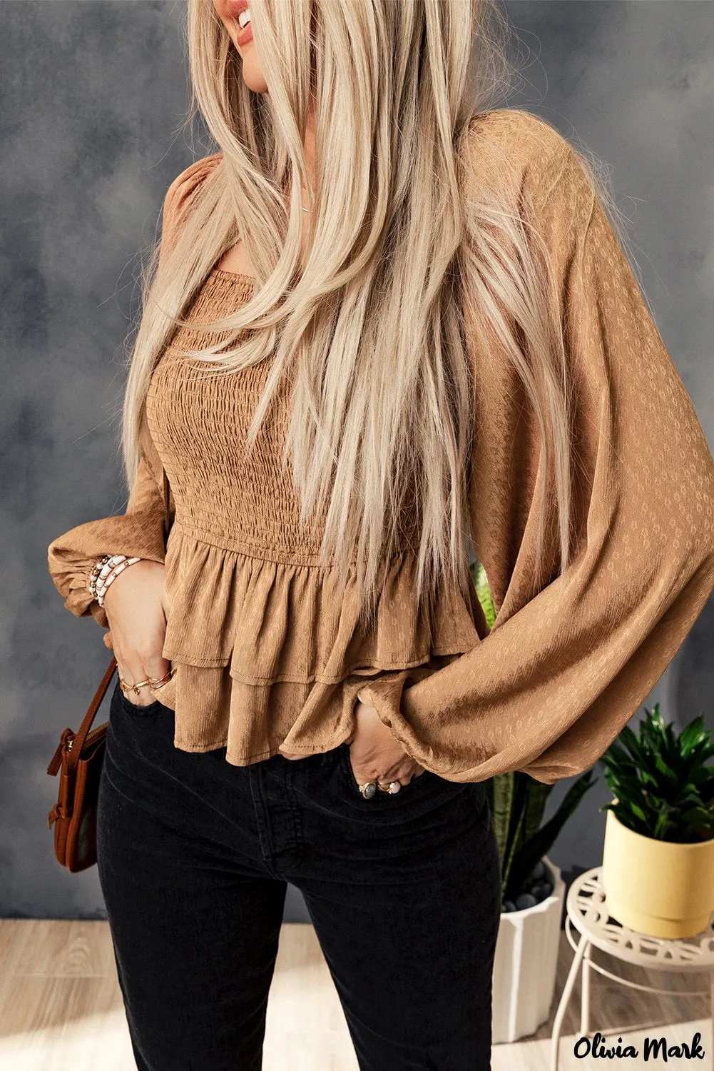 Deanwangkt - Brown Floral Ruched Ruffle Square Neck Blouse