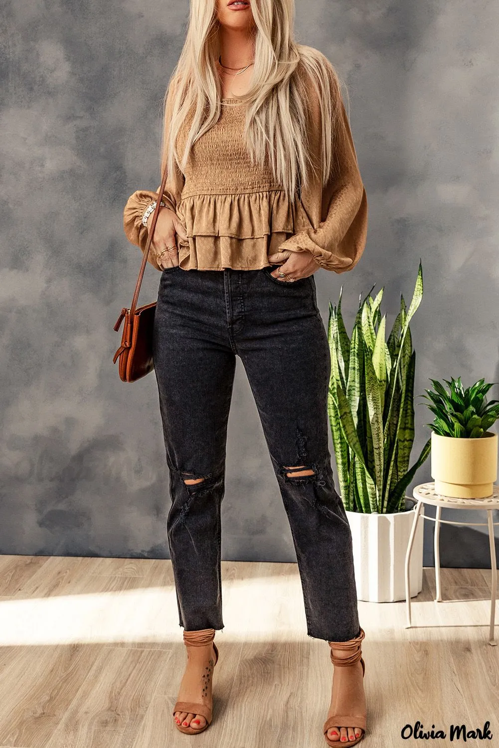 Deanwangkt - Brown Floral Ruched Ruffle Square Neck Blouse