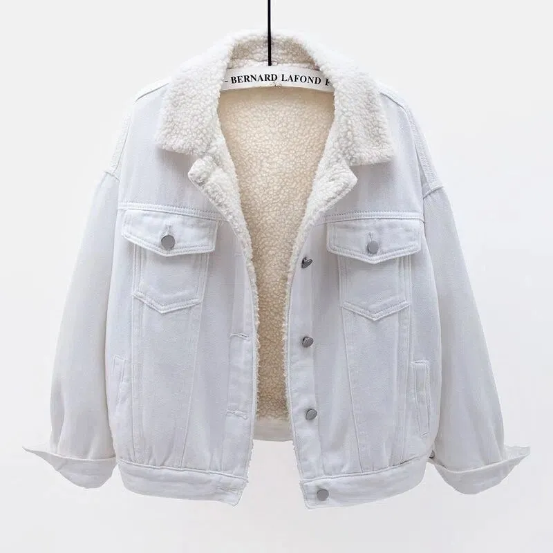 Denim Cotton-padded Thicken Fleece Liner Lambswool Coat Lady Warm Outerwear Loose Tops