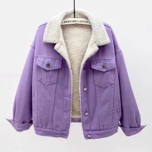 Denim Cotton-padded Thicken Fleece Liner Lambswool Coat Lady Warm Outerwear Loose Tops