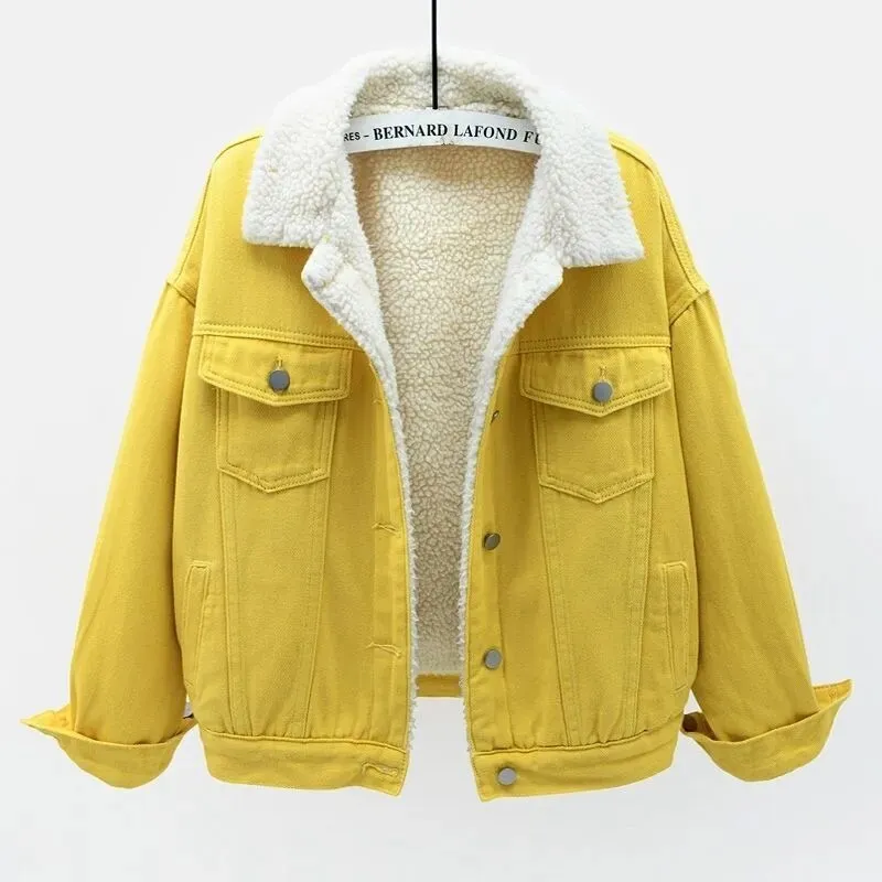 Denim Cotton-padded Thicken Fleece Liner Lambswool Coat Lady Warm Outerwear Loose Tops