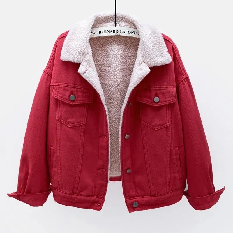 Denim Cotton-padded Thicken Fleece Liner Lambswool Coat Lady Warm Outerwear Loose Tops