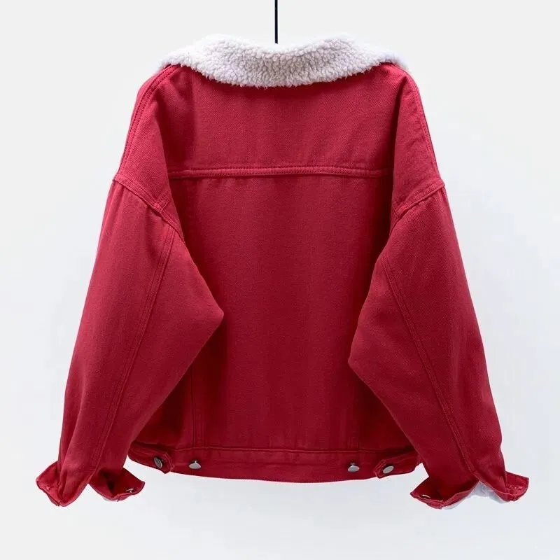 Denim Cotton-padded Thicken Fleece Liner Lambswool Coat Lady Warm Outerwear Loose Tops