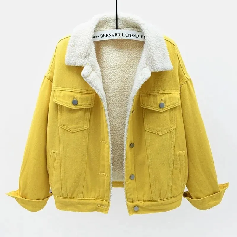 Denim Cotton-padded Thicken Fleece Liner Lambswool Coat Lady Warm Outerwear Loose Tops