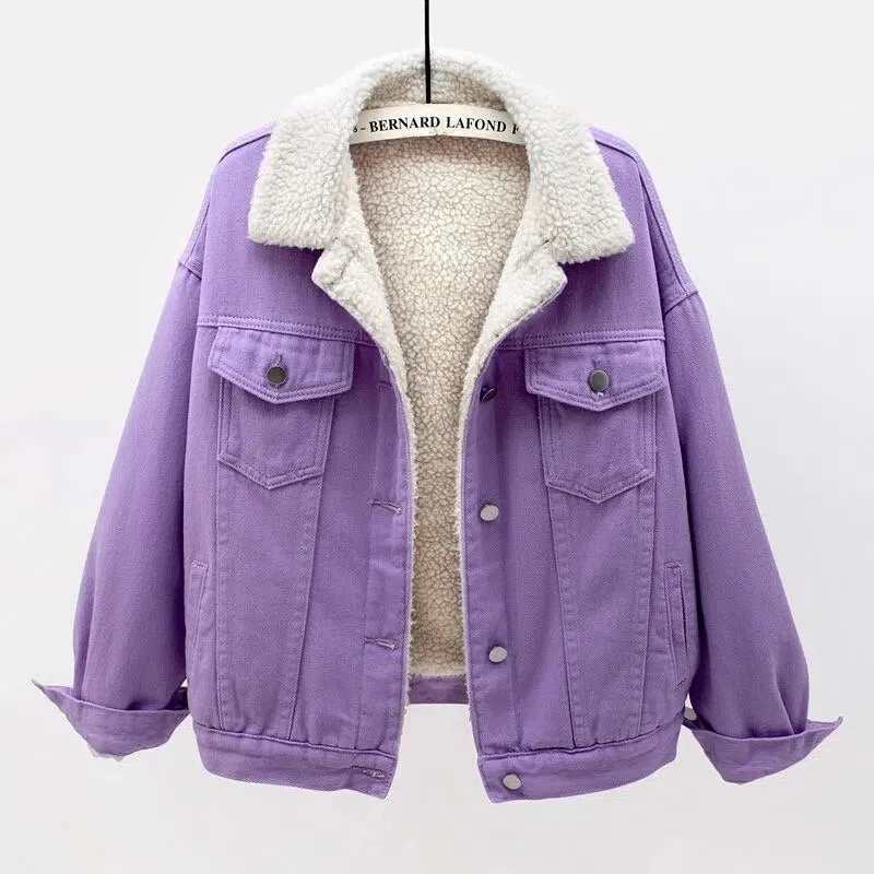 Denim Cotton-padded Thicken Fleece Liner Lambswool Coat Lady Warm Outerwear Loose Tops